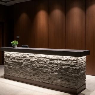 Custom stone and wood reception desk